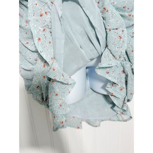 ASTR The Label Womens Ditsy Floral Ruffle Neck Ruched Mini Dress Teal Blue Small - Picture 4 of 11